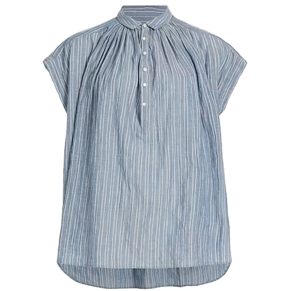 Nili Lotan Normandy Striped Cotton Cap-Sleeve Shirt - Picture 1 of 8